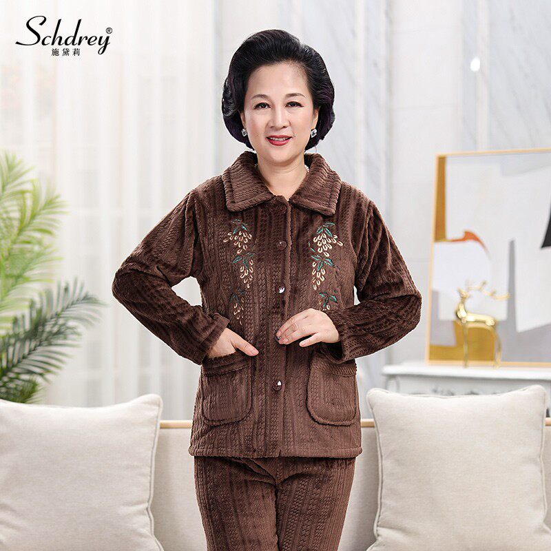 中老年珊瑚绒睡衣女秋冬季加厚大码妈妈法兰绒保暖家居服奶奶套装