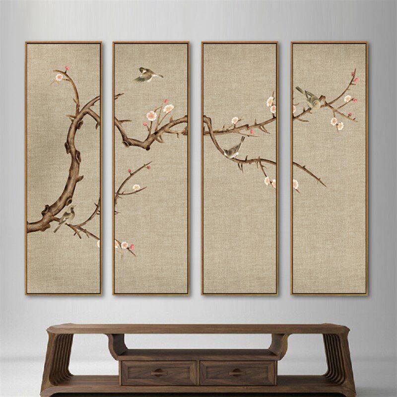 新中式酒店装饰画四联餐厅壁画古典客厅沙发背景墙禅意挂画四条屏