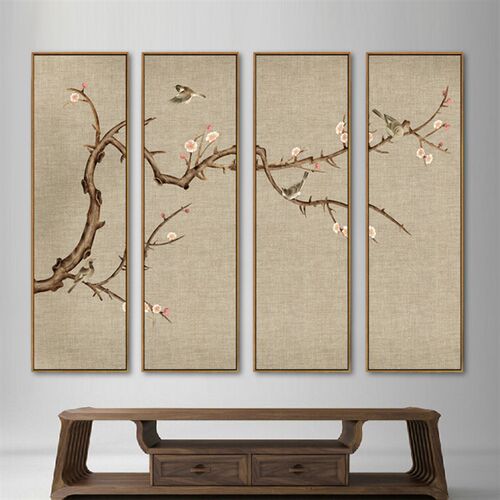 新中式酒店装饰画四联餐厅壁画古典客厅沙发背景墙禅意挂画四条屏