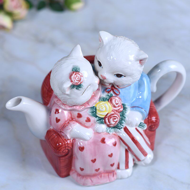 方亚陶瓷手工萌猫茶壶情侣猫摆件送闺蜜礼品浪漫玫瑰花对猫