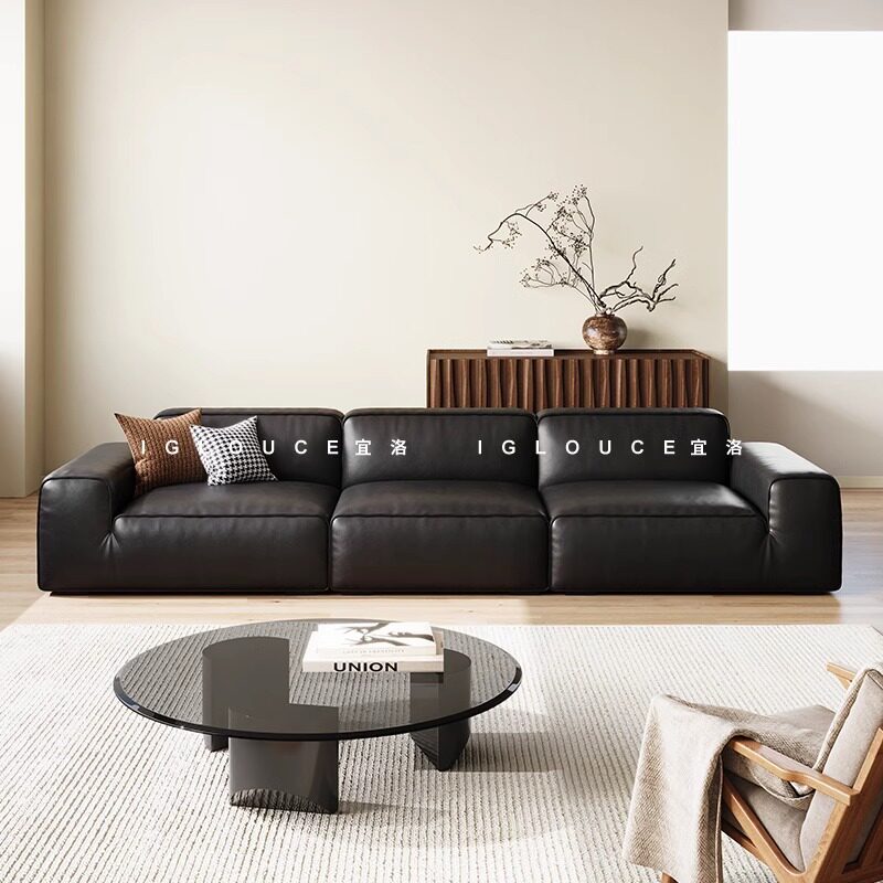宜洛大黑牛全真皮沙发客厅意式极简头层牛皮黑色豆腐块真皮沙发