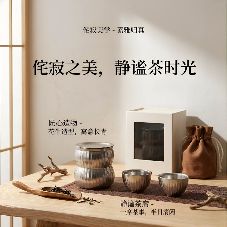 双层纯钛茶具套装家用便捷出行功夫茶具旅行茶具礼品钛杯套装