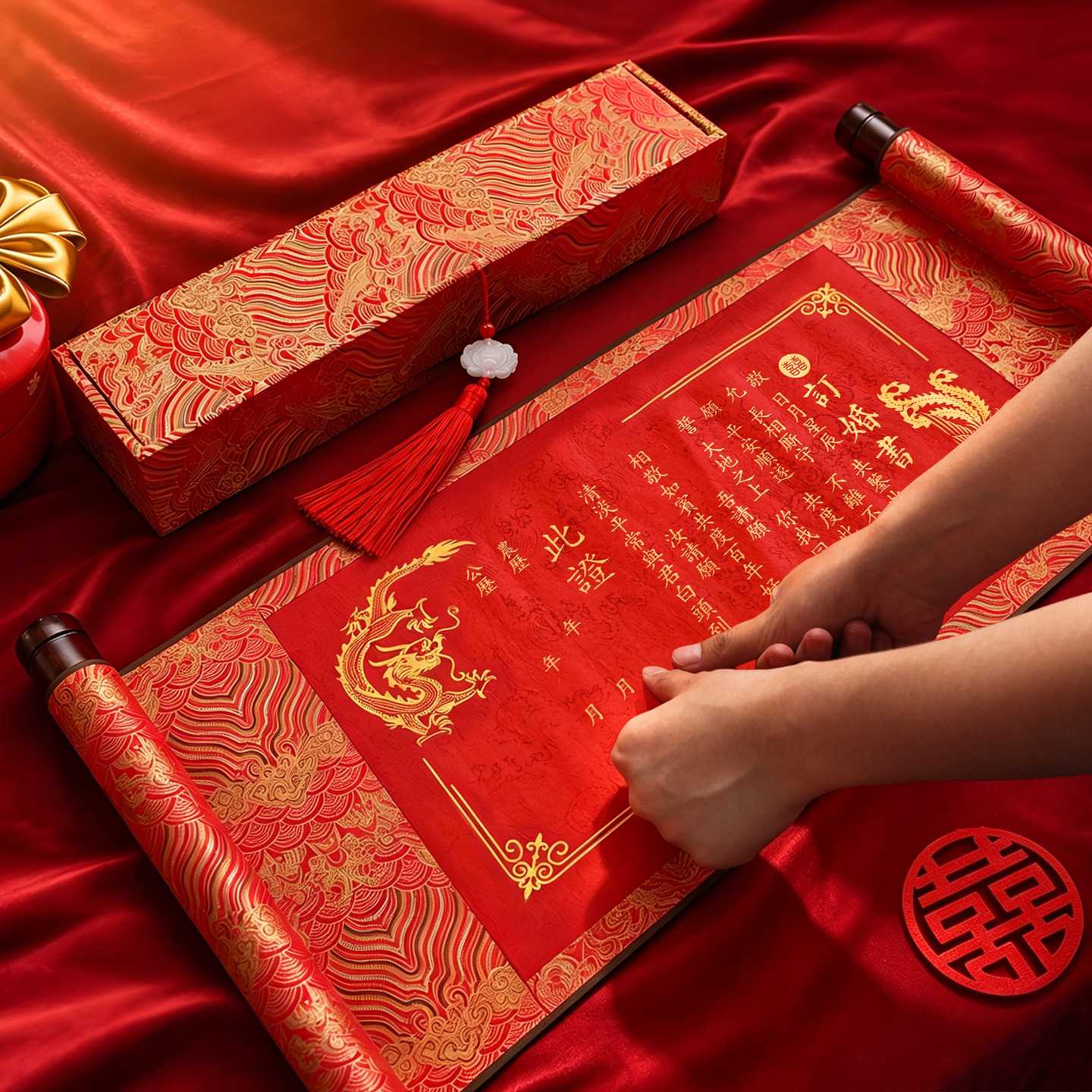 订婚书卷轴结婚手写中式婚书订婚宴高级感聘书按手印婚礼摆台摆件