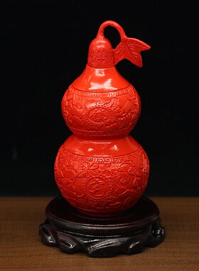 天然红朱砂八卦葫芦摆件实心带叶盖子家居镇宅风水用品办公室摆饰