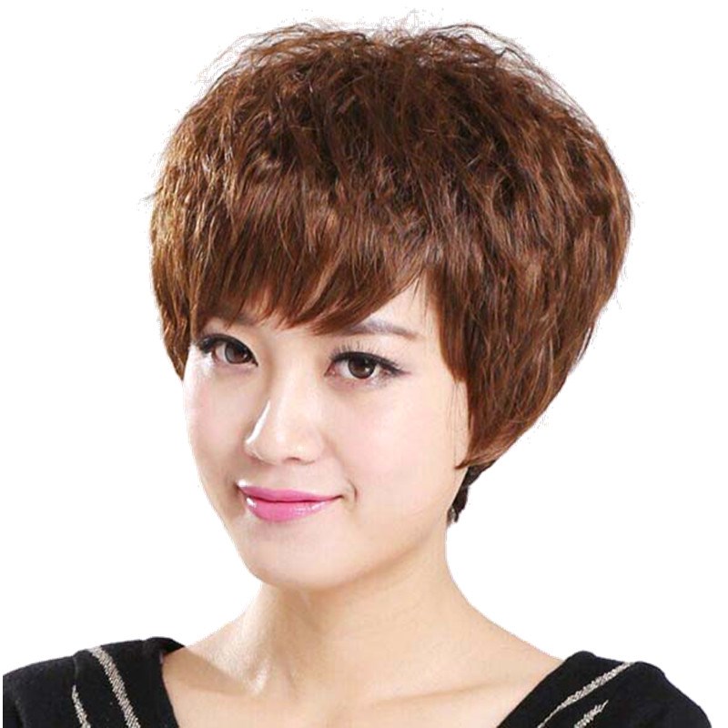时尚妈妈假发中老年短卷发蓬松透气舒适款碎刘海整顶假发女