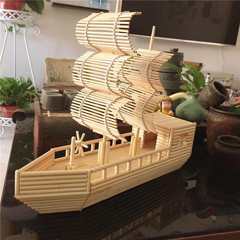 手工帆船成品竹制特色工艺品 DIY竹编船模型一次性筷子制作