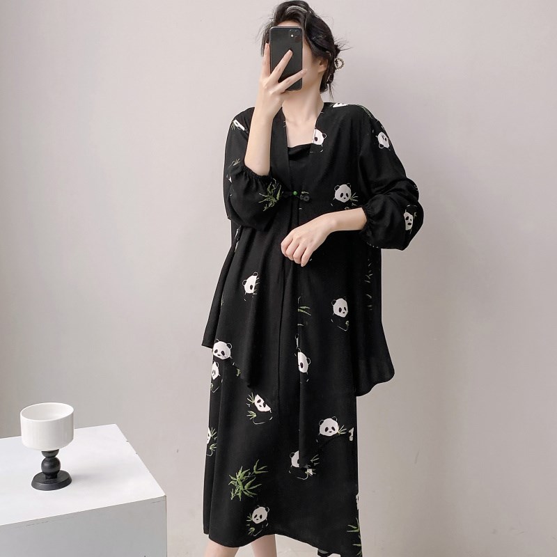 新中式女士棉绸睡衣长袖吊带两件套可外穿连衣裙2025新款国风睡衣