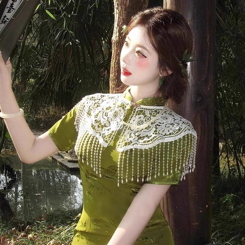 旗袍云肩新中式珍珠流苏披肩坎肩中国风汉服领子重工复古蕾丝配饰