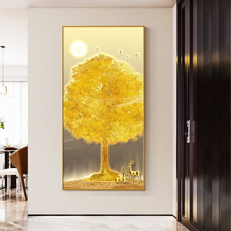 轻奢招财树玄关装饰画新中式金色发财树走廊挂画麋鹿入户带灯壁画