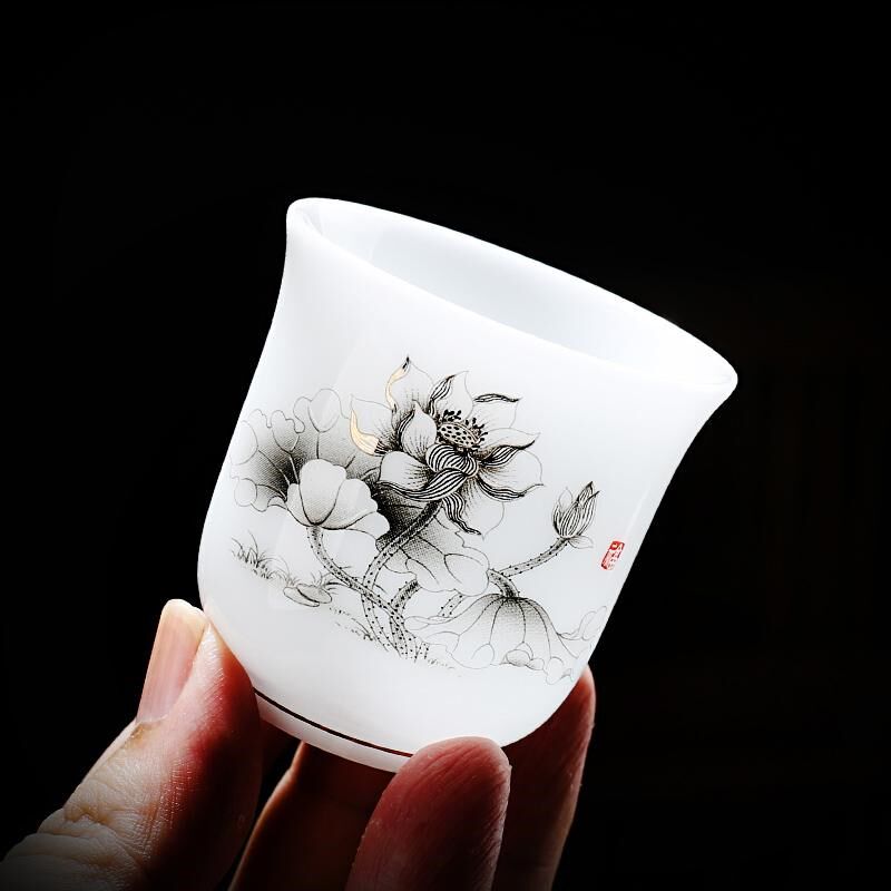 描金高档待客杯8只装陶瓷功夫茶杯六只装家用德化白瓷品茗杯整套