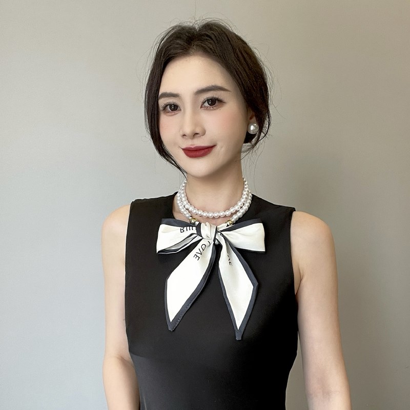 法式复古珍珠项链丝巾女百搭锁骨链丝带装饰发带领巾飘带配饰围巾