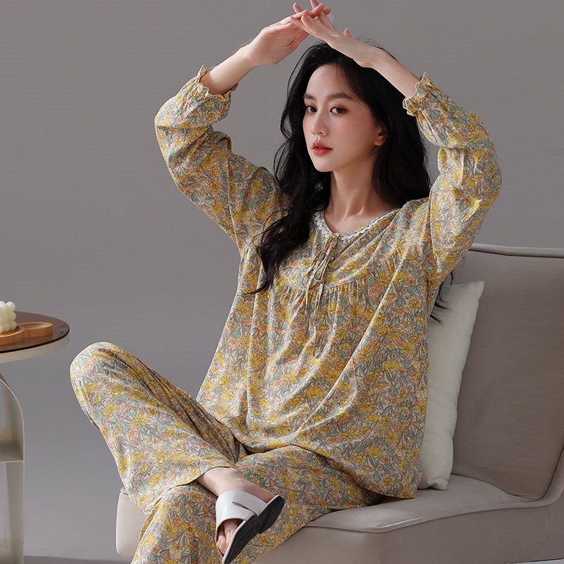 棉绸睡衣女士春秋款时尚洋气长袖长裤家居服可爱甜美外穿绵绸套装