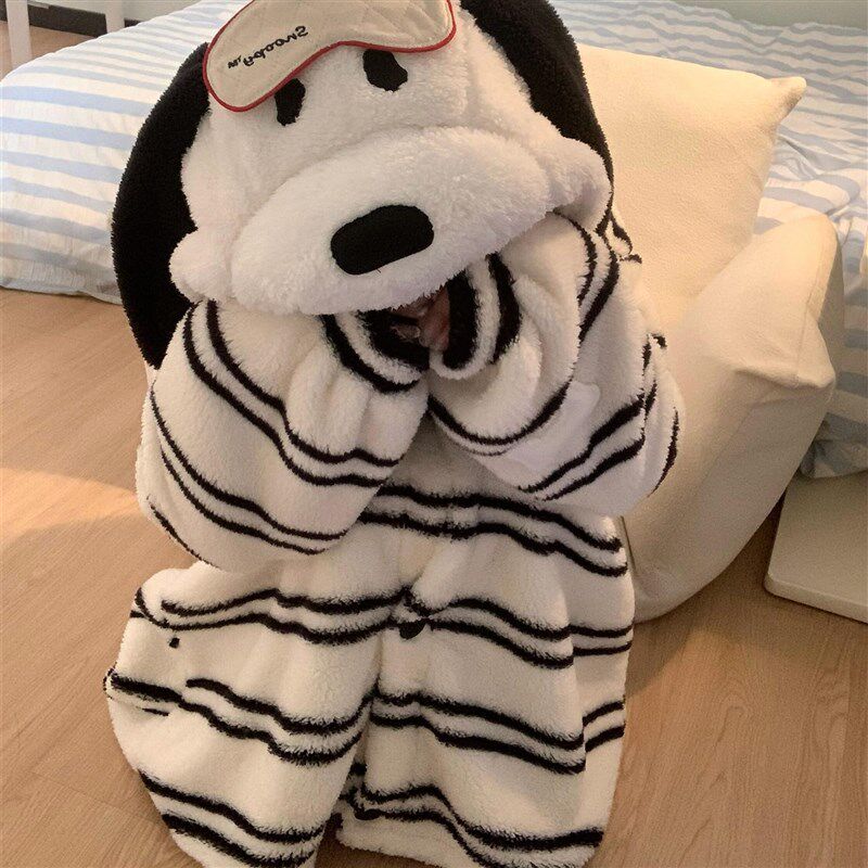 加绒加厚珊瑚绒睡袍女秋冬季新款可爱连帽小狗睡衣家居服冬天睡裙