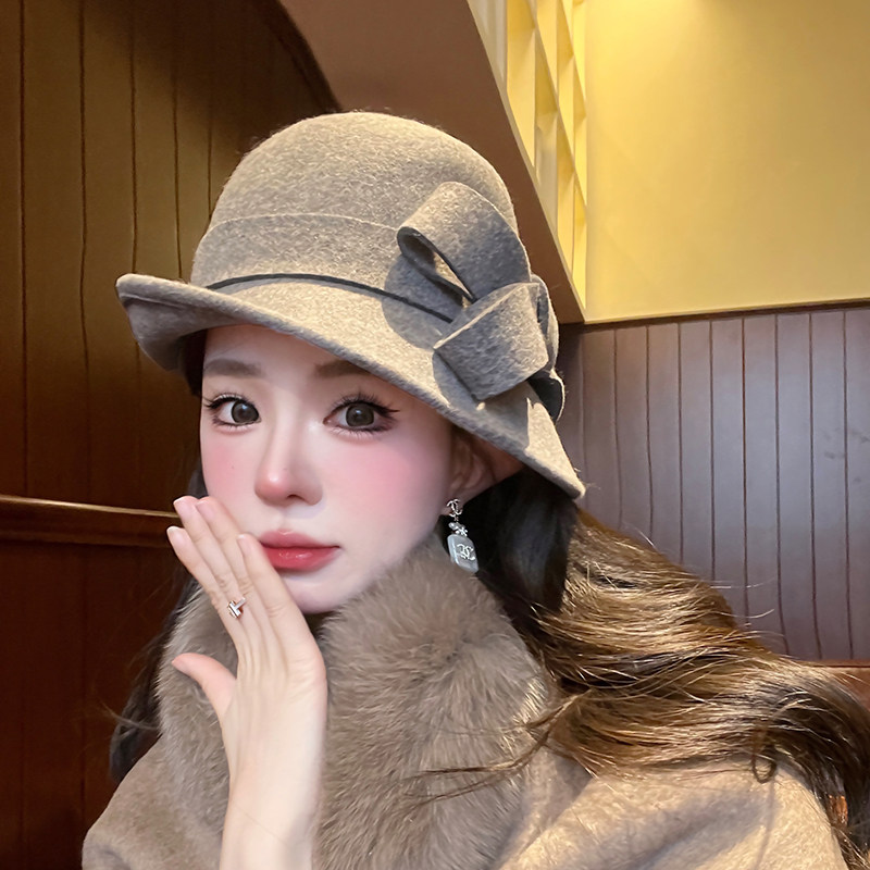 秋冬羊毛礼帽女法式卷边毛呢蝴蝶结盆帽优雅气质显脸小渔夫帽毡帽