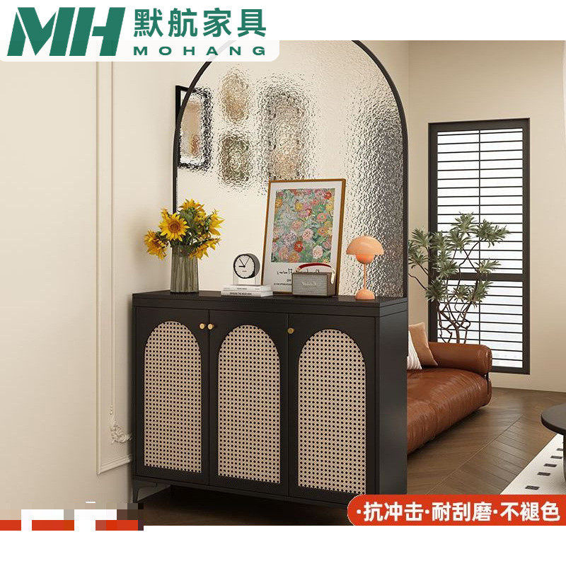 MH鞋柜家用门口入户玄关柜2025新款黑色藤编室内储物柜多功能收纳