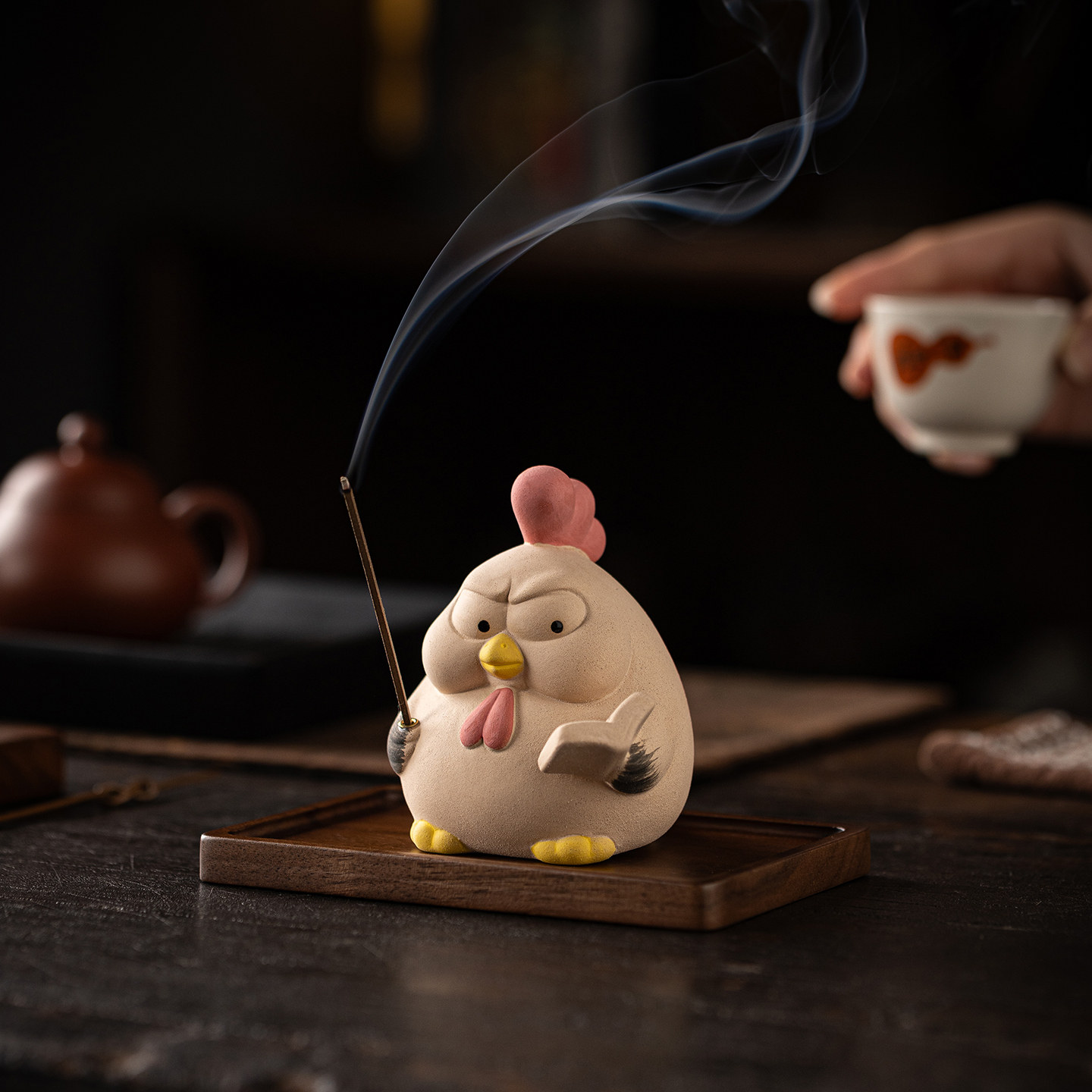 手绘小鸡陶瓷线香炉茶道摆件图片