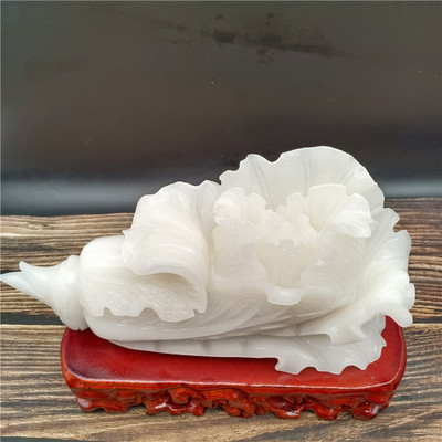 阿富汗白玉白菜摆件纯手工明清古典桌面工艺品实木根雕底座礼盒装