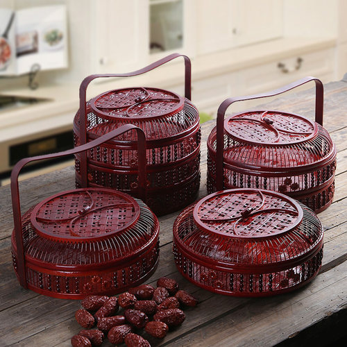 竹编食盒提篮鸡蛋篮水果篮竹制品月饼篮红色结婚礼篮拜拜篮收纳盒
