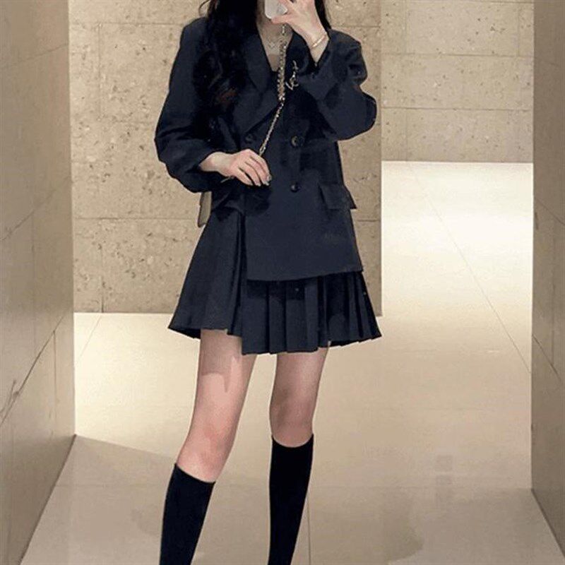 胖mm设计感假两件拼接西装连衣裙女春秋大码高级感a字百褶短裙子