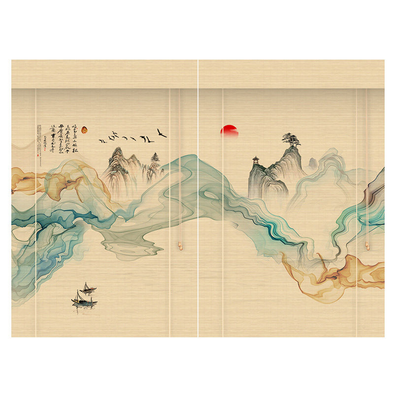 禅意山水风景画竹帘卷帘窗帘卷拉式升降茶室中式遮阳隔断装饰帘子