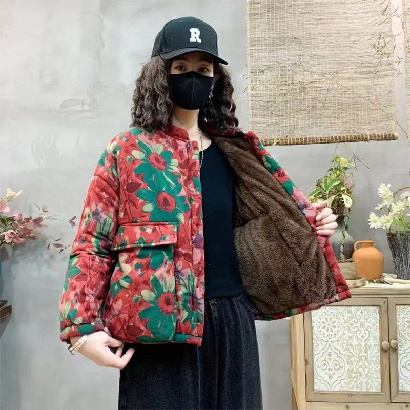 冬季新款复古棉衣女士花色加绒加厚宽松时尚大码显瘦休闲棉服外套