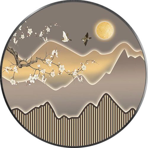 新中式玄关装饰画中国风花鸟灯画挂画禅意茶室背景墙圆形壁画LED