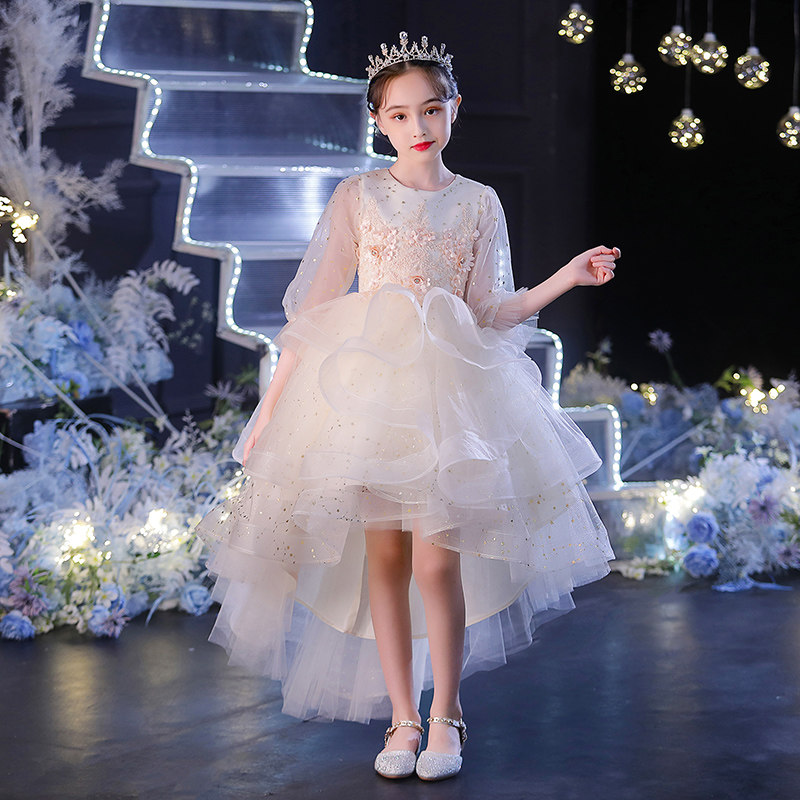 女童主持人礼服公主裙生日长袖小花童婚纱儿童钢琴演出服演奏秋冬