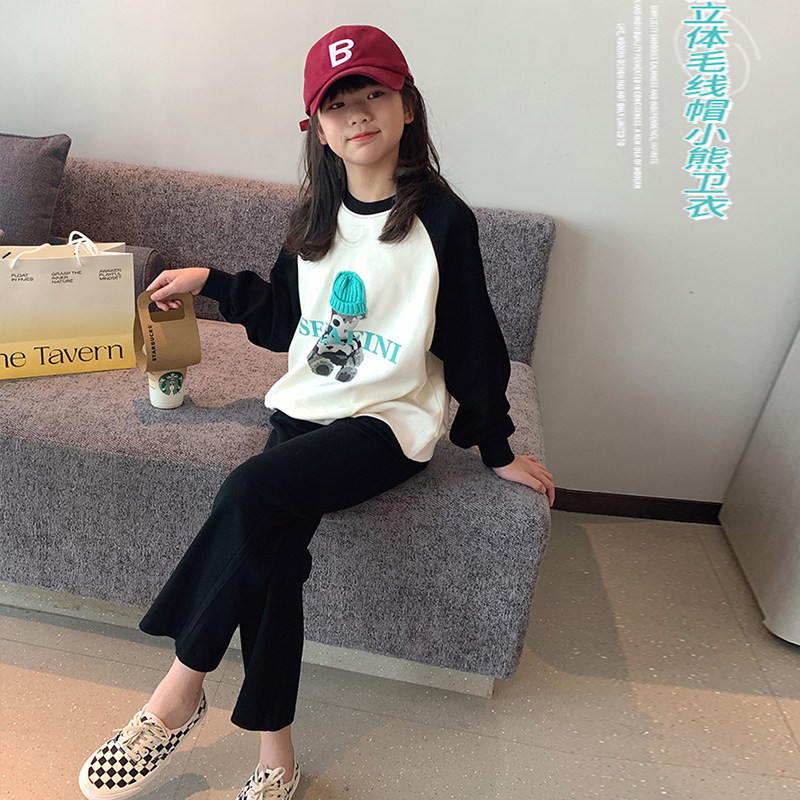 女童长袖卫衣春装2023新款春秋中大童宽松洋气拼接纯棉套头上衣潮