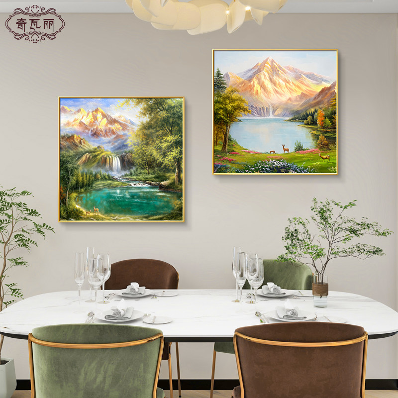聚宝盆餐厅装饰画轻奢高级感山水画客厅挂画手绘油画风景组合壁画