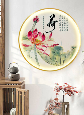 新中式圆形带灯发光晶瓷装饰画家和富贵花鸟客厅玄关书房背景挂画