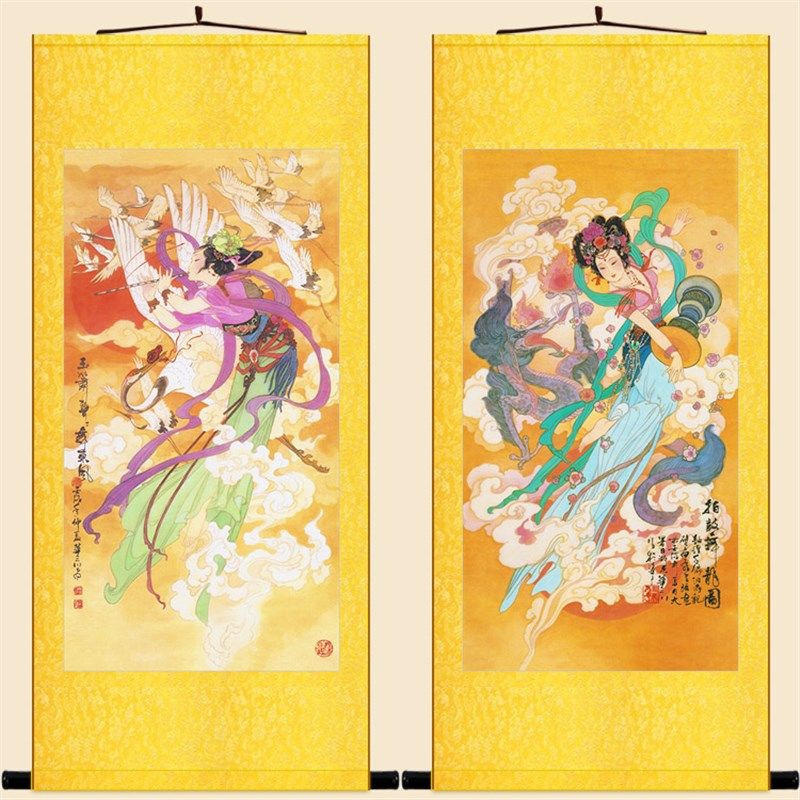玉箫声声 拍鼓舞龙图 仙女神仙复古装饰画绢布卷轴挂画 来图定制