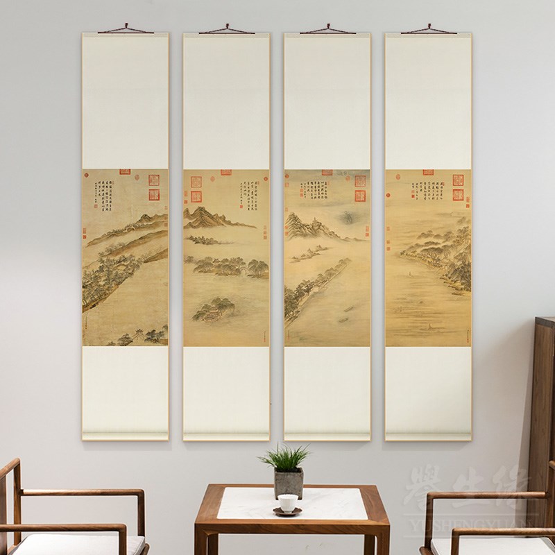 西湖十景图中式卷轴挂画竖版餐厅书房装饰画客厅茶室背景墙壁画