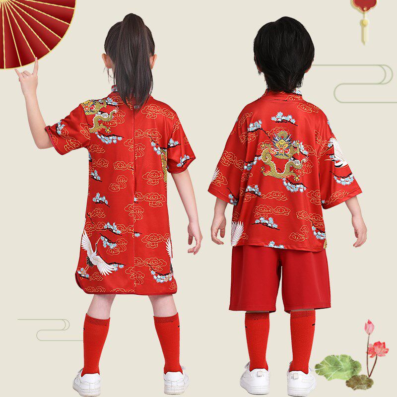 元旦儿童中国风团体舞演出服男童唐装女童旗袍少儿红色啦啦操服装