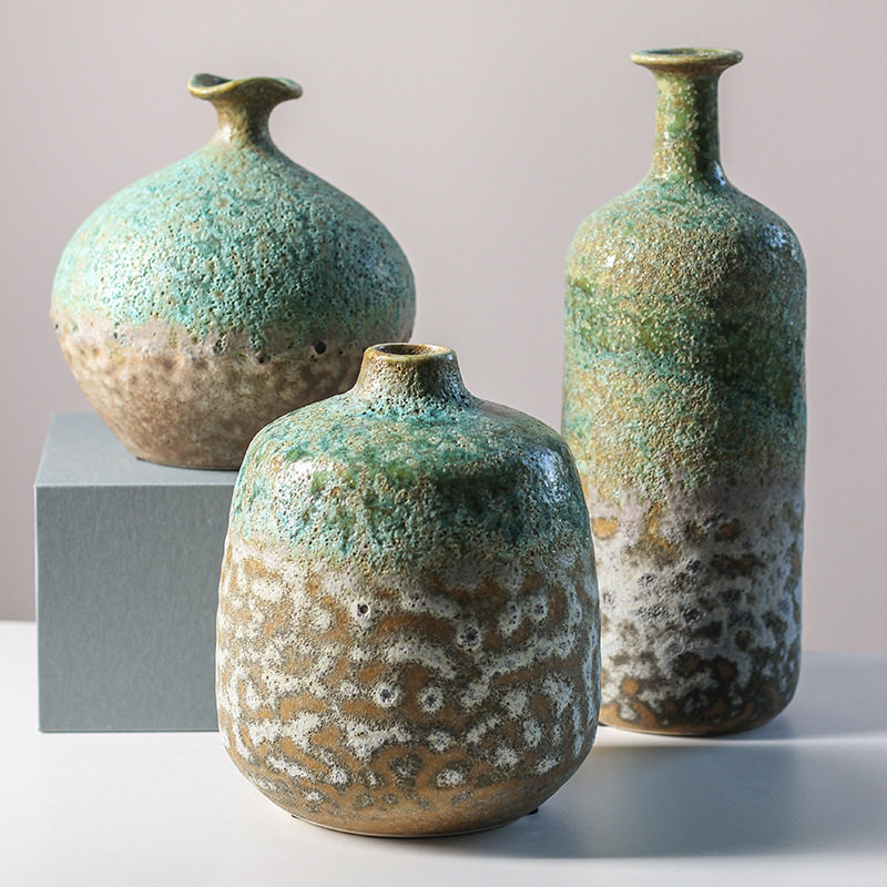 复古做旧仿绿锈窑变泡泡釉陶瓷花瓶侘寂风中式样板间客厅小鸟摆件