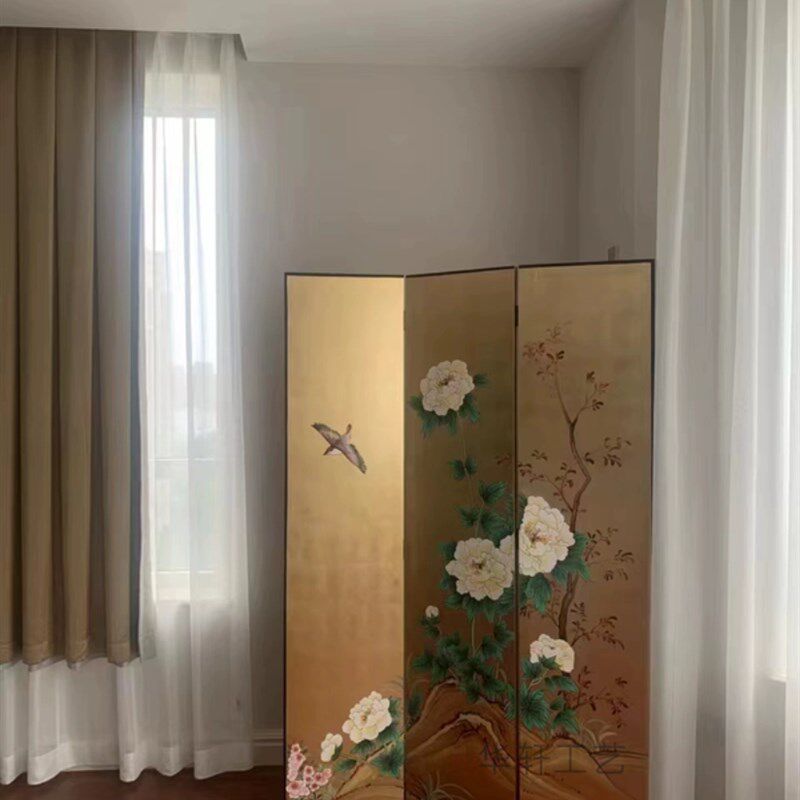 折屏屏风金箔花鸟手绘漆画隔断玄关背景墙客厅沙发卧室移动中式