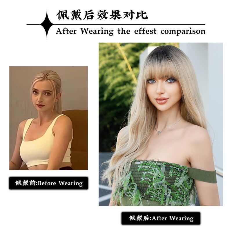 7jhhwigs欧美女生长发假发全头套式金色自然蓬松网红水波纹假发套