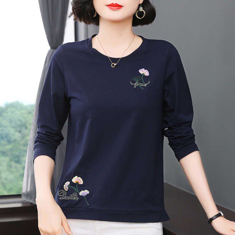 纯棉长袖t恤女 宽松2024新款秋衣外穿百搭上衣中老年妈妈装打底衫