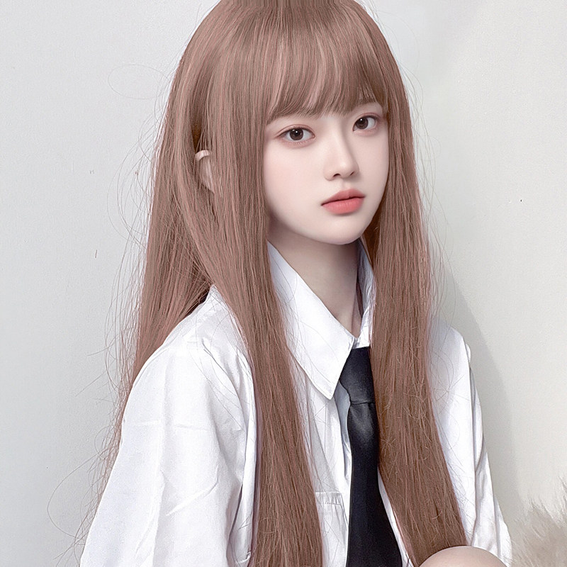 假发女粉色全头套式漫画齐刘海中长直发cos日常彩色假发头套自然