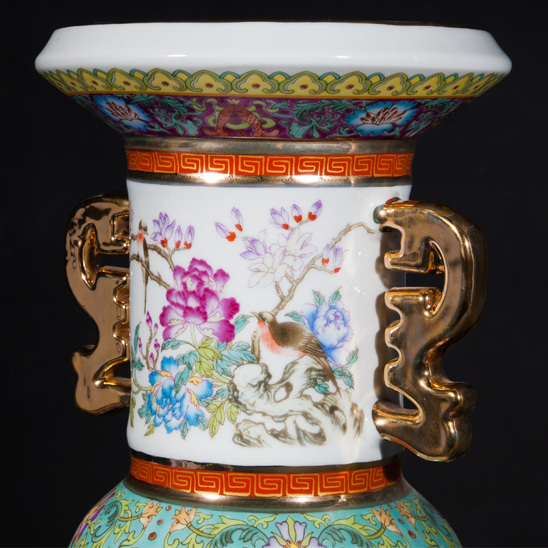 景德镇陶瓷器 高档仿古描金粉彩花鸟花瓶 工艺品家饰客厅时尚摆件