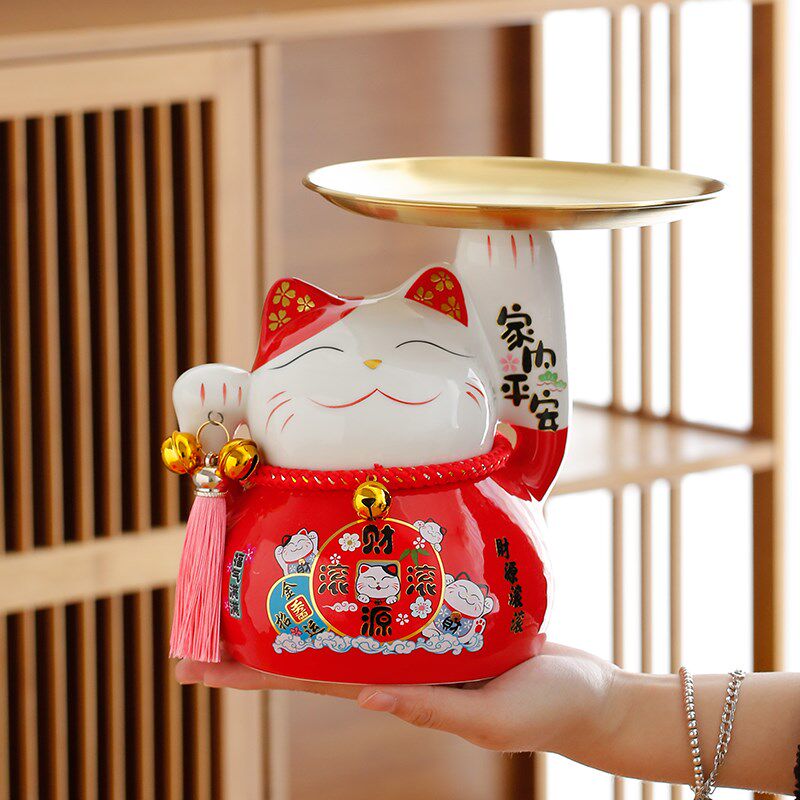 陶瓷招财猫储蓄罐入户鞋柜钥匙收纳玄关家居装饰摆件乔迁新居礼品