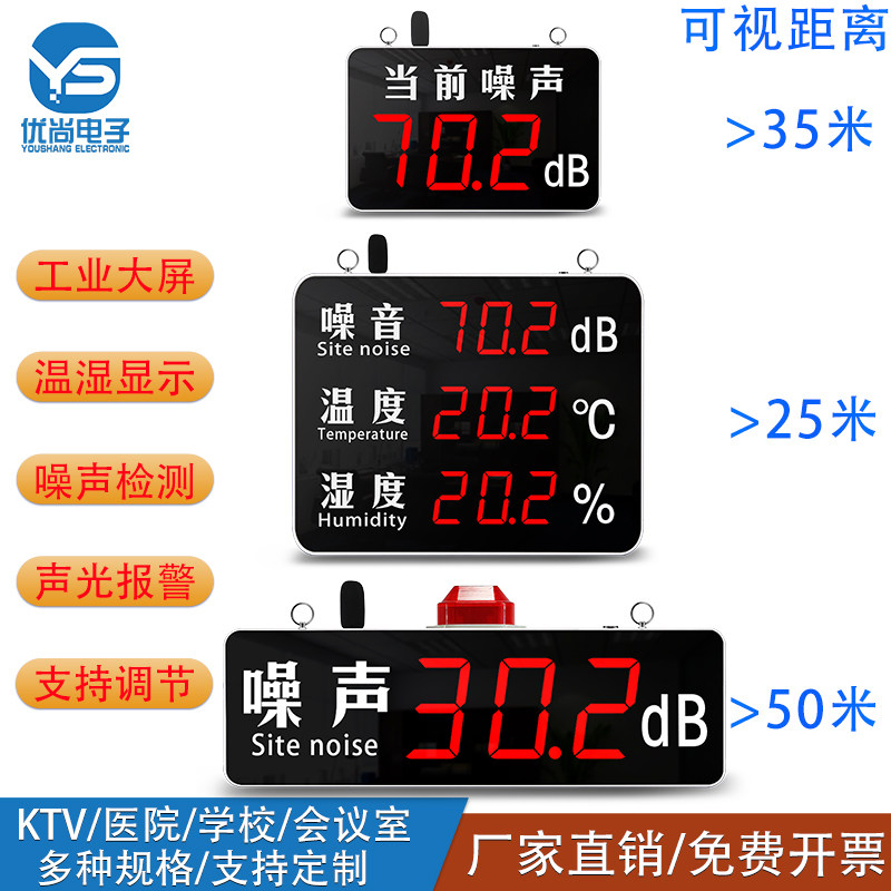 分贝检测仪噪声变色语音报警噪声计温湿度噪音大屏报警声音显示器