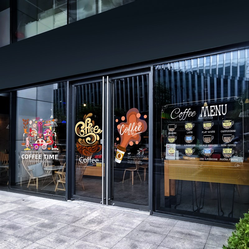 手绘咖啡橱窗贴纸装饰咖啡店奶茶店餐厅氛围感玻璃贴膜静电窗花贴