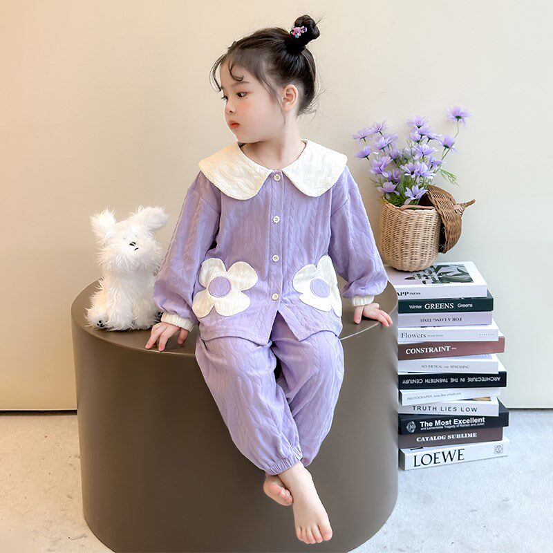 女童春秋款开衫睡衣2025新款儿童家居服套装女宝宝春季可爱空调服