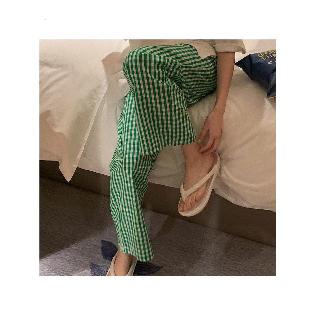 格纹行走与睡眠女性夏装短款薄款慵懒休闲家居宽松舒适可以穿在户