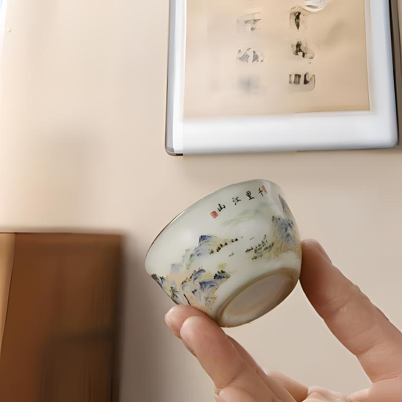 轻奢小众千里江山万里江山图羊脂白瓷茶杯