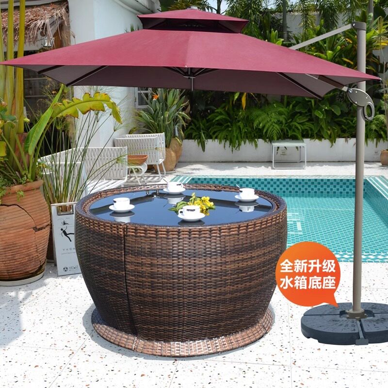 户外庭院桌椅休闲花园露台防晒防水藤椅带伞组合室外藤编碗型桌椅