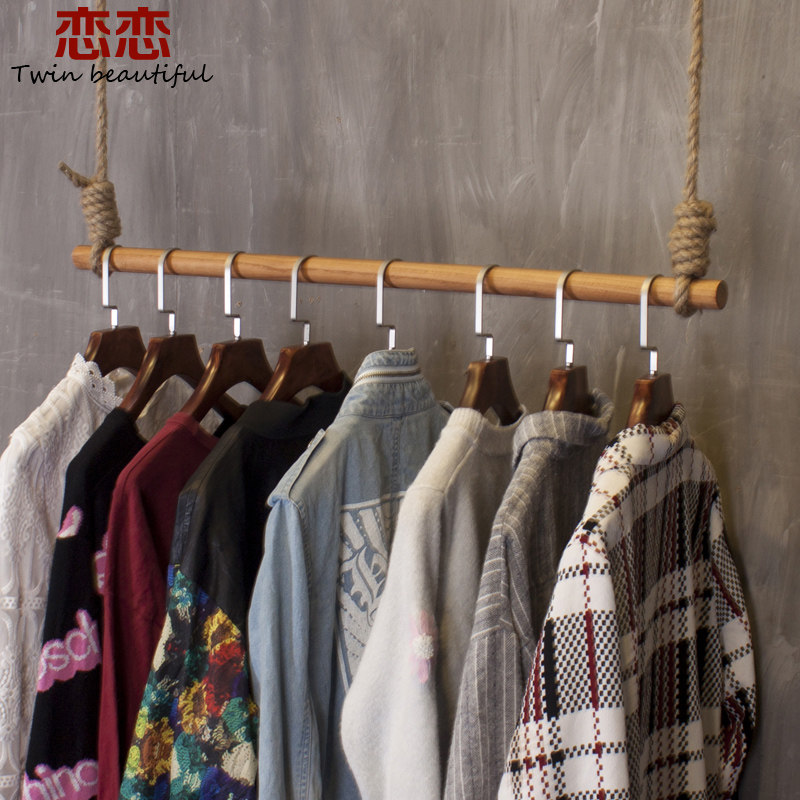 服装店挂衣服展示架复古实木吊顶悬挂衣架个性上墙衣服吊架杆货架