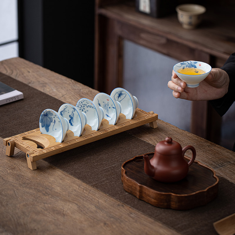 青花瓷8个带沥水杯架复古小号斗笠茶杯羊脂玉瓷茶具手绘图案杯子