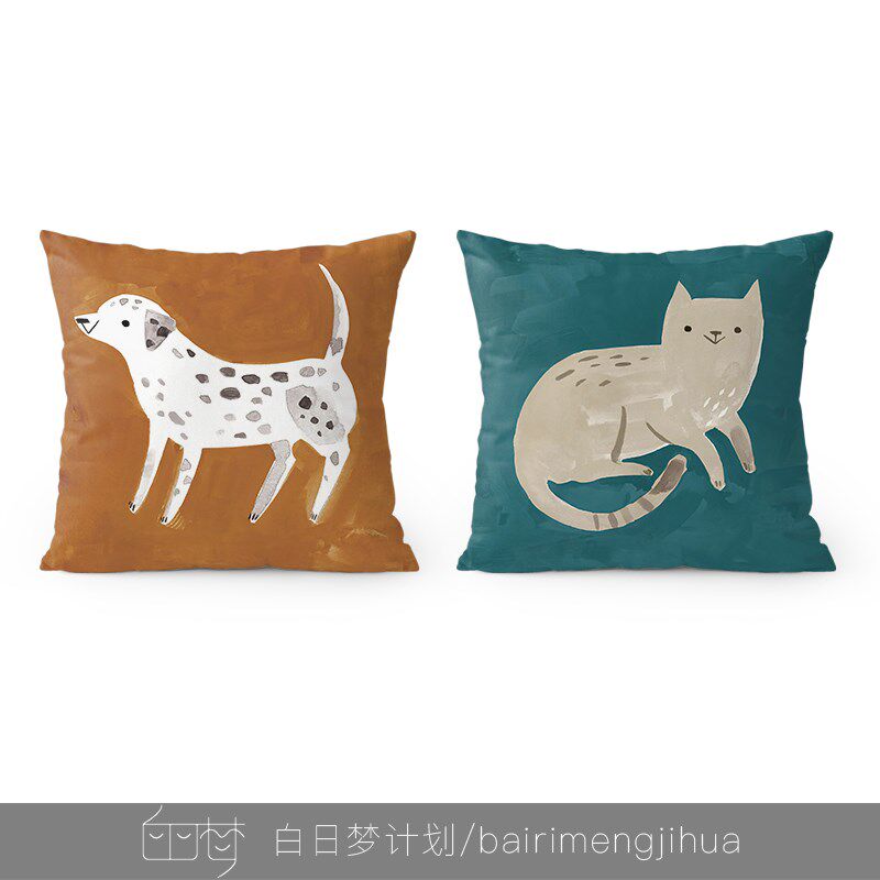 卡通动物猫狗绒面抱枕现代简约北欧沙发客厅儿童房腰枕套靠枕靠垫