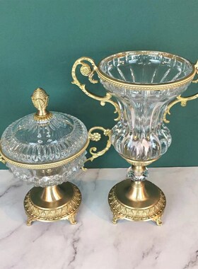 包邮纯铜配水晶花瓶果盘欧式美式法式小奢华小清新糖果盒家居摆件